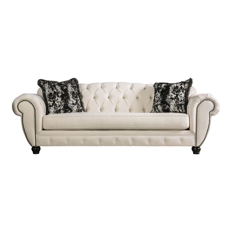 Bowery Hill Transitional Fabric Sofa with Pillows in Beige/Black