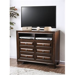 bowery hill transitional solid wood 6-drawer tv stand in brown cherry