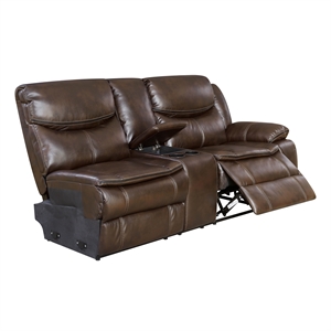 bowery hill transitional faux leather reclining loveseat and console in brown