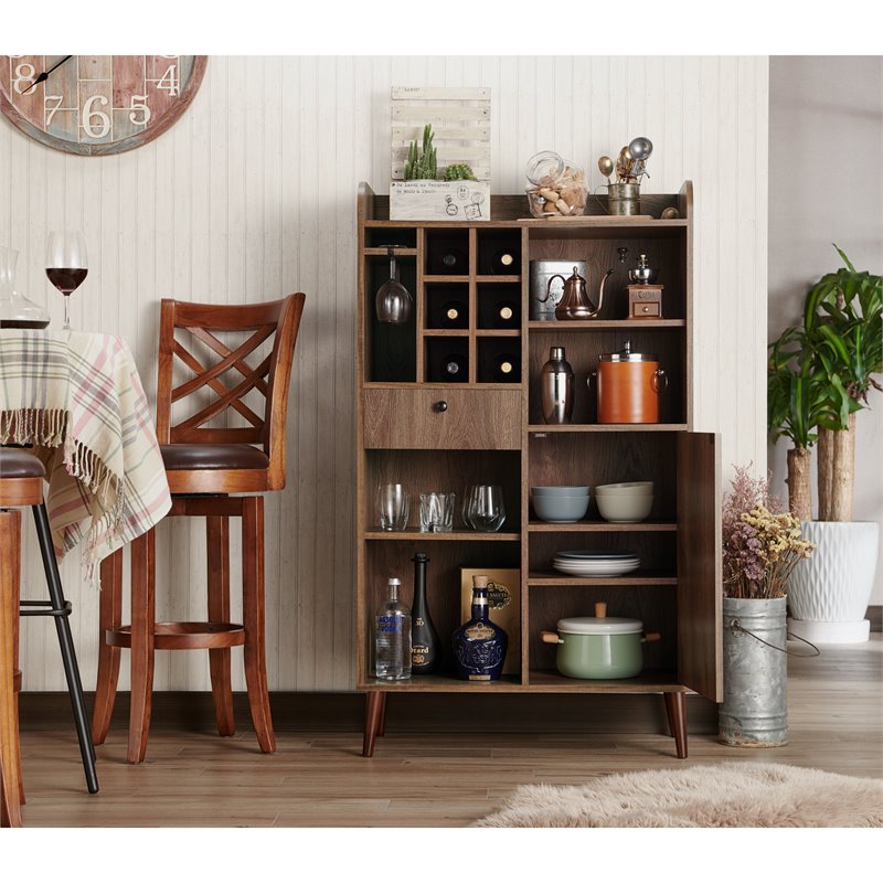 Bowery Hill Mid-Century Wood Multi-Storage Wine Rack in Walnut