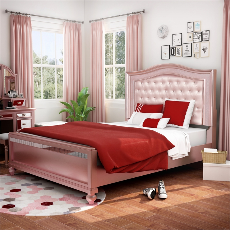 Bowery Hill Contemporary Wood Queen Panel Bed with Faux Leather in Rose Gold
