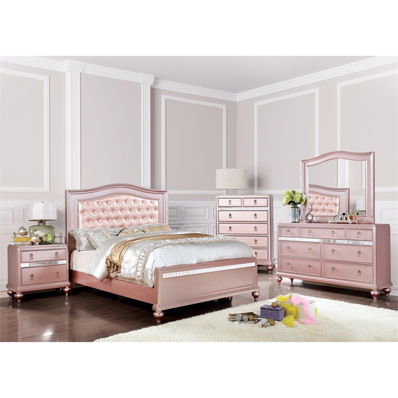 Bowery Hill Contemporary Wood Queen Panel Bed with Faux Leather in Rose Gold