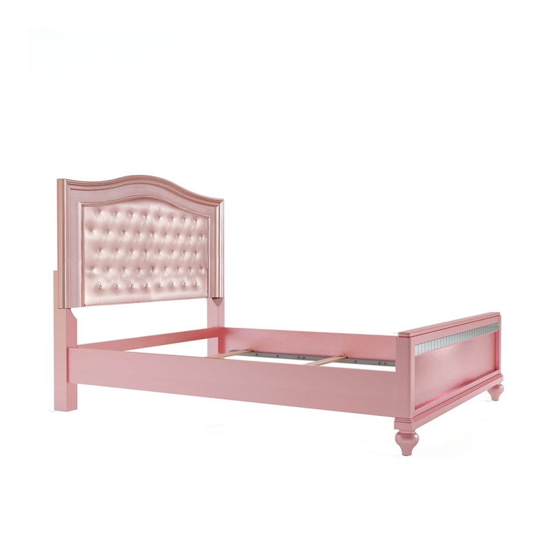 Bowery Hill Contemporary Wood Queen Panel Bed with Faux Leather in Rose Gold