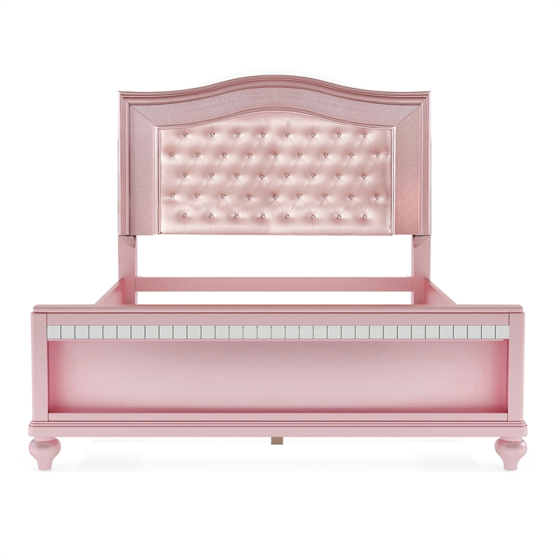 Bowery Hill Contemporary Wood Queen Panel Bed with Faux Leather in Rose Gold