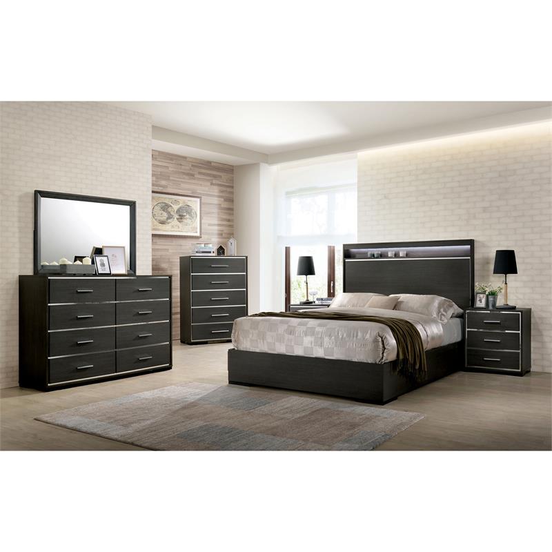 Bowery Hill Contemporary Wood Queen Panel Bed with LED Lights in Gray