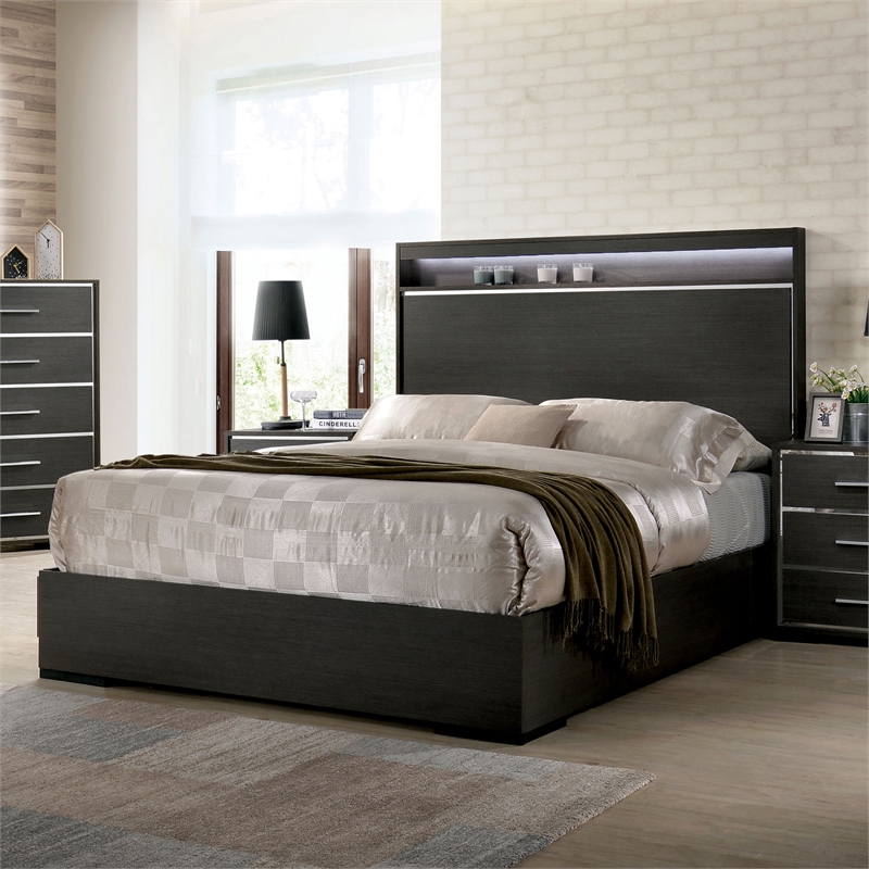 Bowery Hill Contemporary Wood Queen Panel Bed with LED Lights in Gray