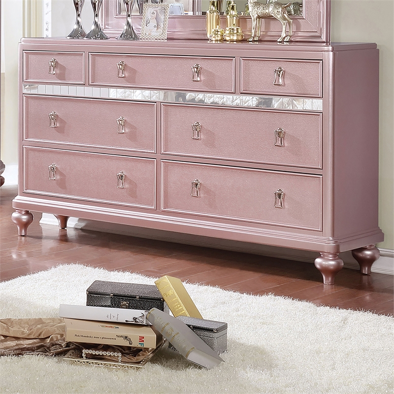 Bowery Hill 2-Piece 7-Drawer Solid Wood Dresser and Mirror in Rose Gold