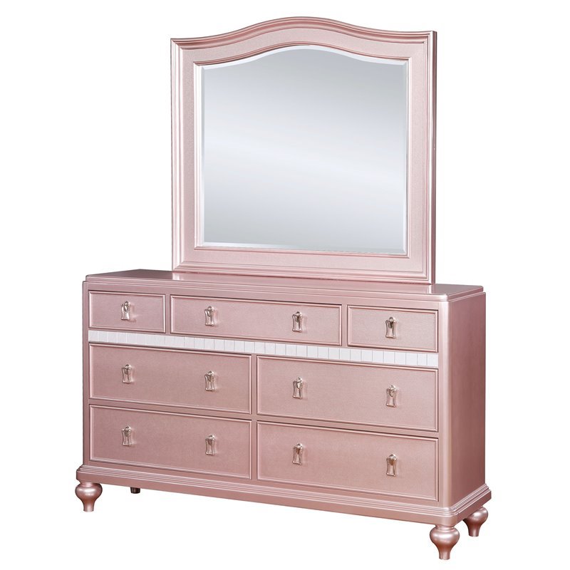 Bowery Hill 2-Piece 7-Drawer Solid Wood Dresser and Mirror in Rose Gold