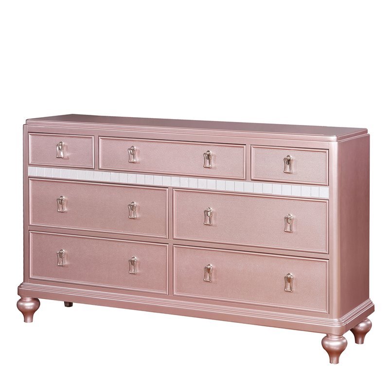Bowery Hill 7-Drawer Contemporary Solid Wood Dresser in Rose Gold