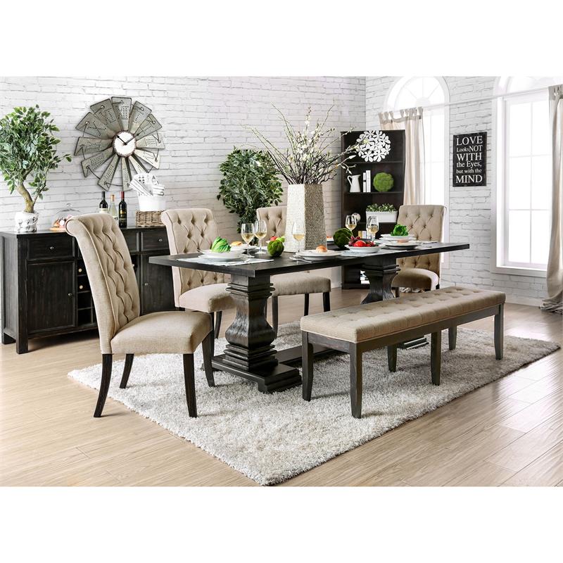 Bowery Hill Farmhouse Wood 7-Piece Dining Set with Bench in Beige