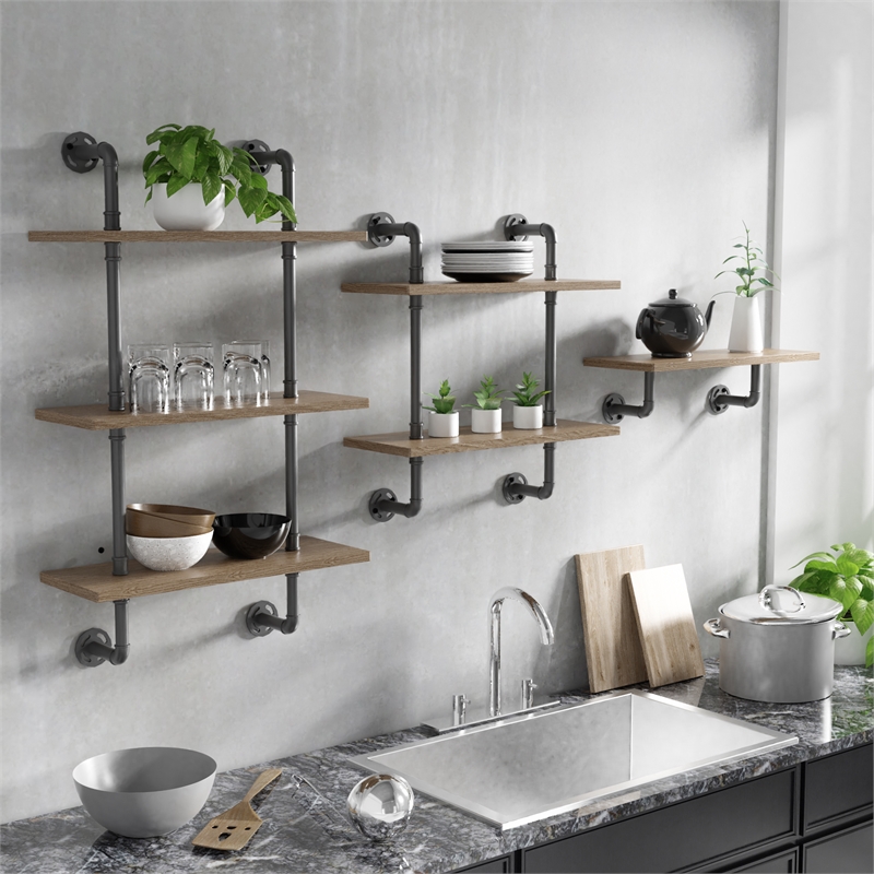 Bowery Hill Modern Wood 2-Tier Wall Display Shelf in Natural