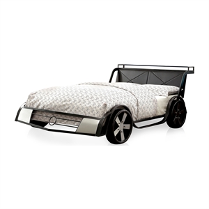 bowery hill contemporary metal full racecar bed in gun metal and silver