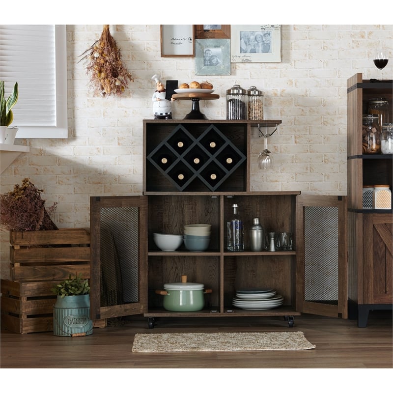 Bowery Hill 4-Shelf Transitional Wood Mini Bar in Reclaimed Oak