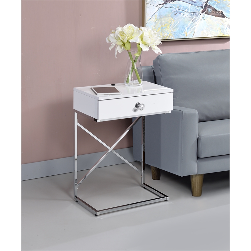 Bowery Hill 1-Drawer Modern Metal End Table in Glossy White/Chrome