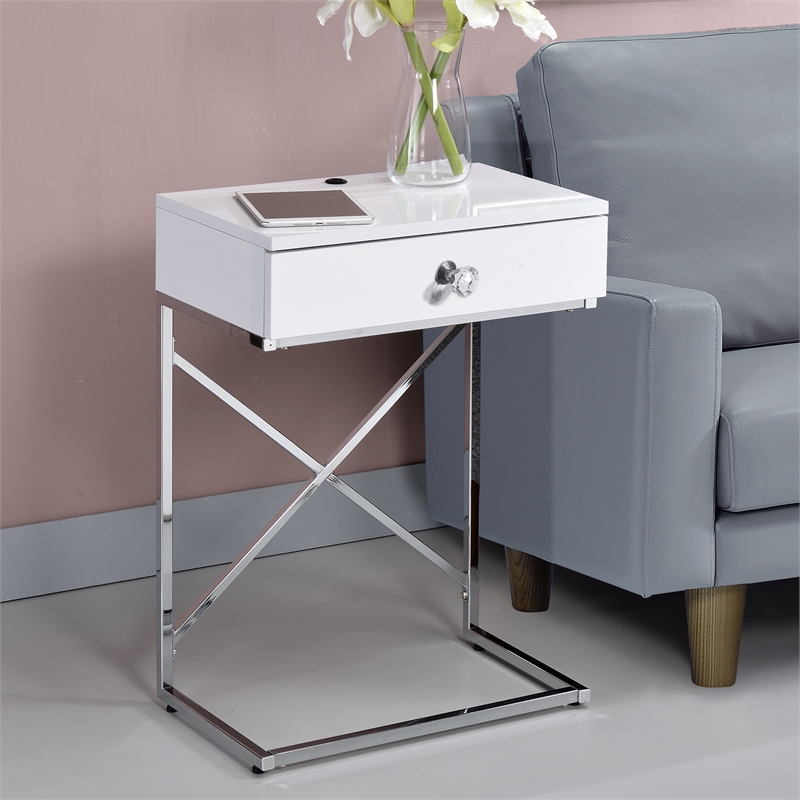 Bowery Hill 1-Drawer Modern Metal End Table in Glossy White/Chrome