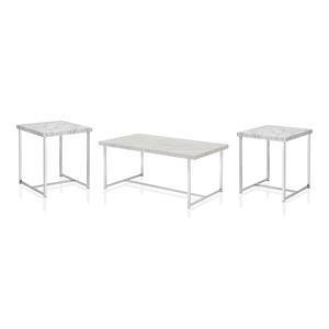 bowery hill contemporary metal 3-piece coffee table set in chrome and white