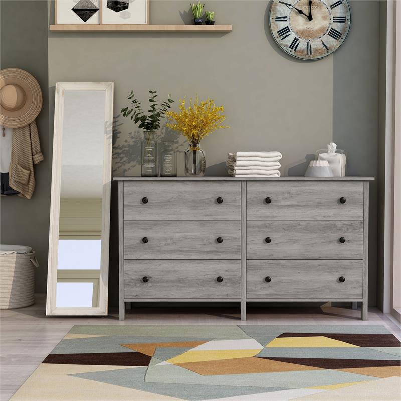 Bowery Hill Transitional Wood 6-Drawer Dresser in Gray Oak