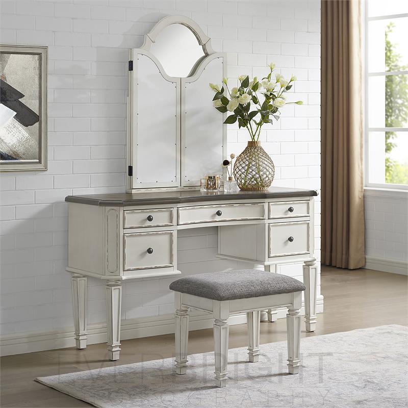 Bowery Hill Transitional Wood 3-Piece Vanity Set in Antique White