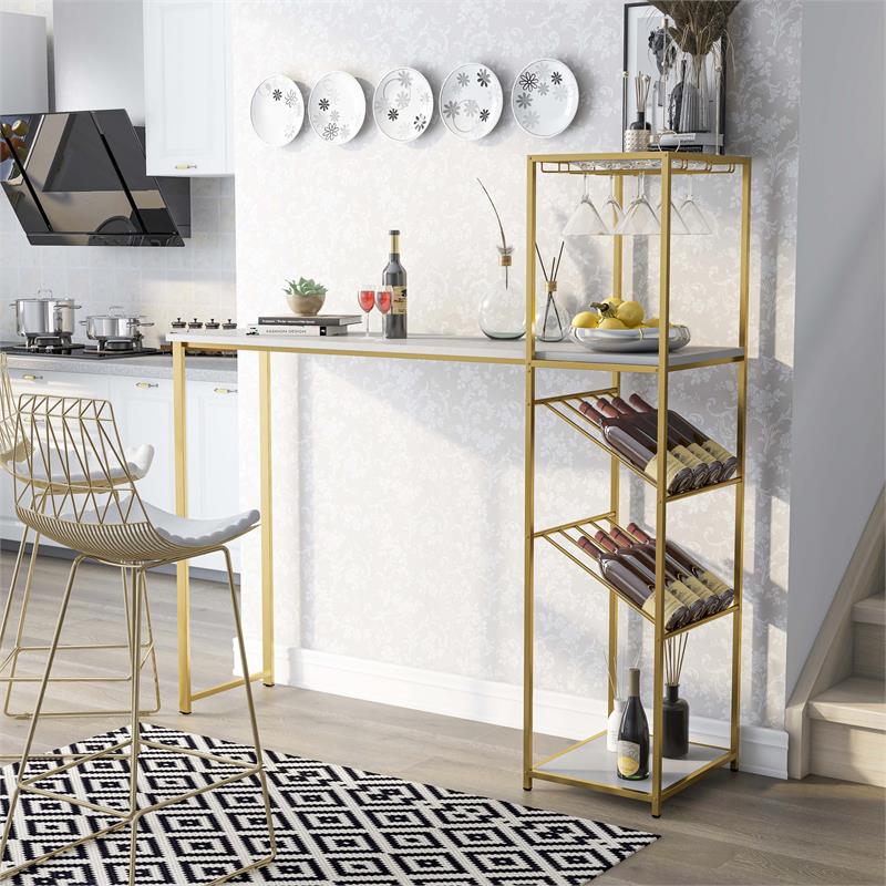 Bowery Hill Contemporary Metal Bar Table with Wine Shelf in Gold