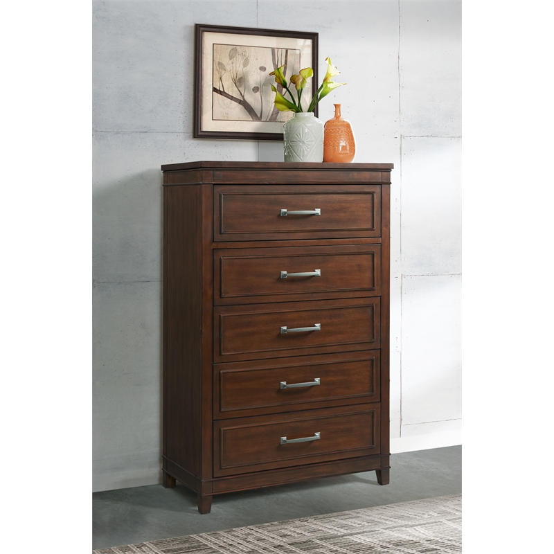 Bowery Hill Coastal 5 Drawer Wood Chest in Coffee Brown Walnut