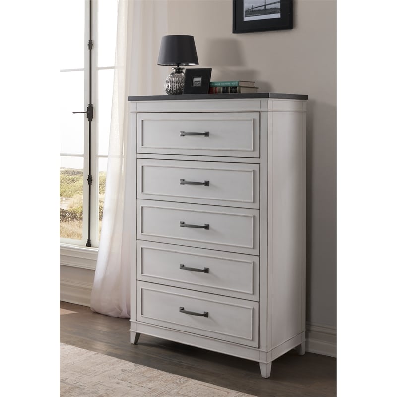 Bowery Hill Coastal 5 Drawer Wood Chest in White with Gray Top