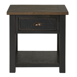 bowery hill farmhouse solid wood 1 drawer end table in black and brown