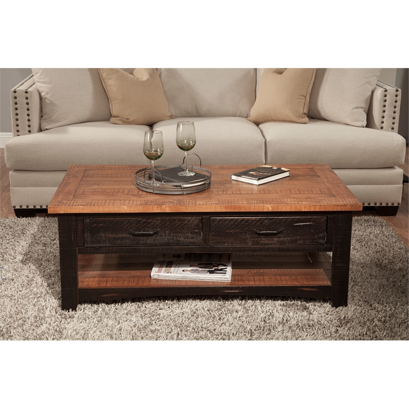 Bowery Hill Rustic Wood 2 Drawer Coffee Table Antique Black and Honey