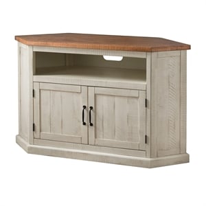 Bowery Hill Rustic Wood Corner TV Stand for TVs up to 50&quot in Antique White/Honey