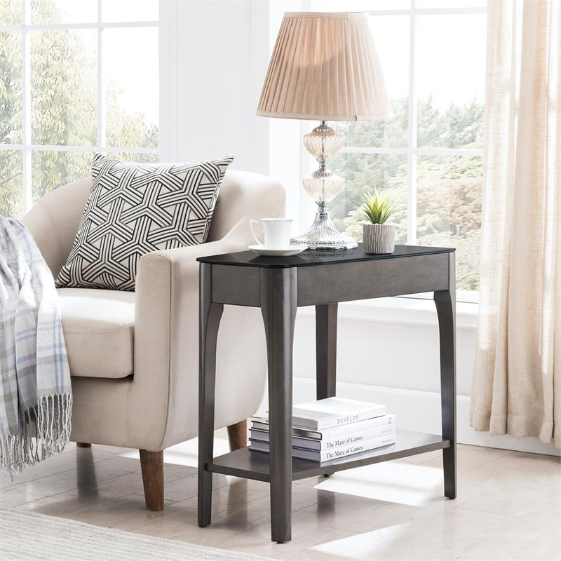 Bowery Hill Glass Top Wedge End Table with Shelf in Gray/Black