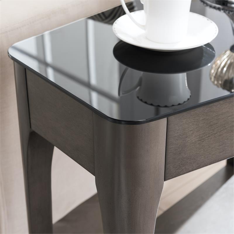 Bowery Hill Glass Top Wedge End Table with Shelf in Gray/Black
