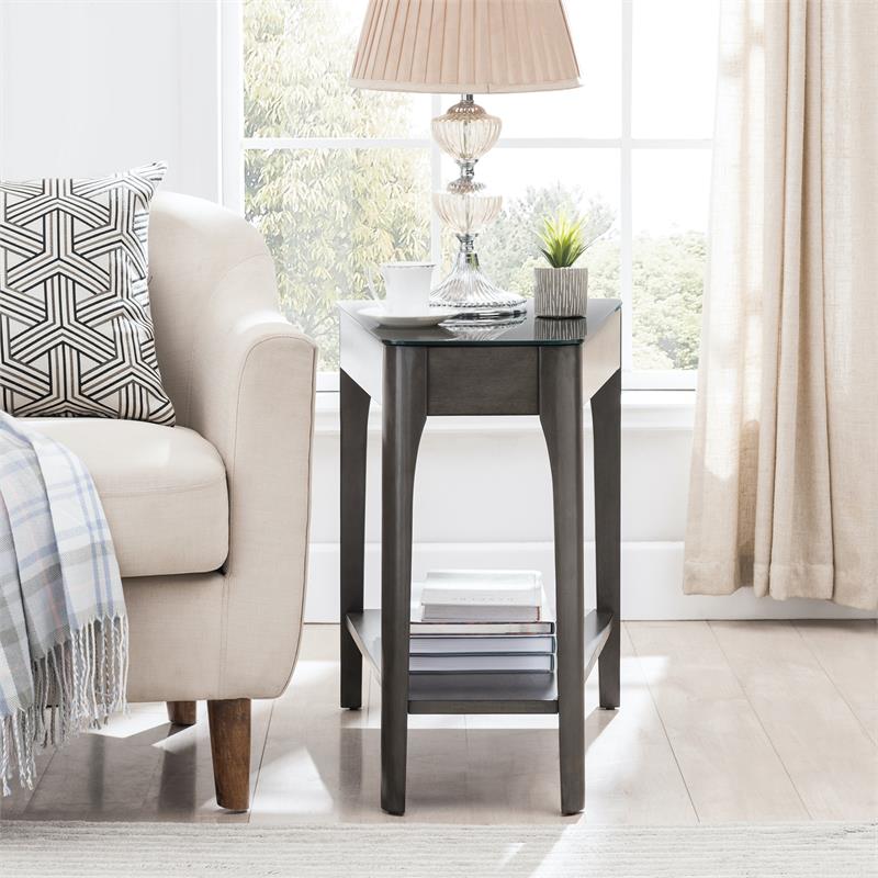 Bowery Hill Glass Top Wedge End Table with Shelf in Gray/Black