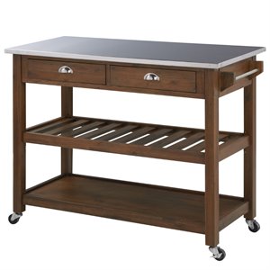 Bowery Hill Modern Wood/Stainless Steel Kitchen Cart in Chestnut Wire-Brush