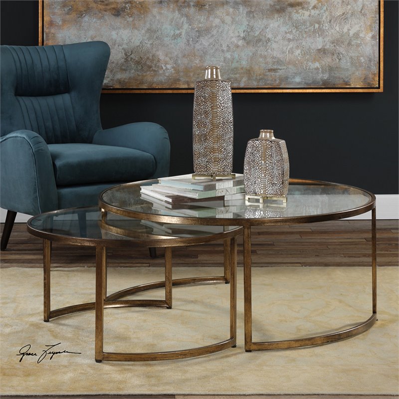 Bowery Hill Transitional 2 Piece Glass Top Nesting Coffee Table Set in Gold