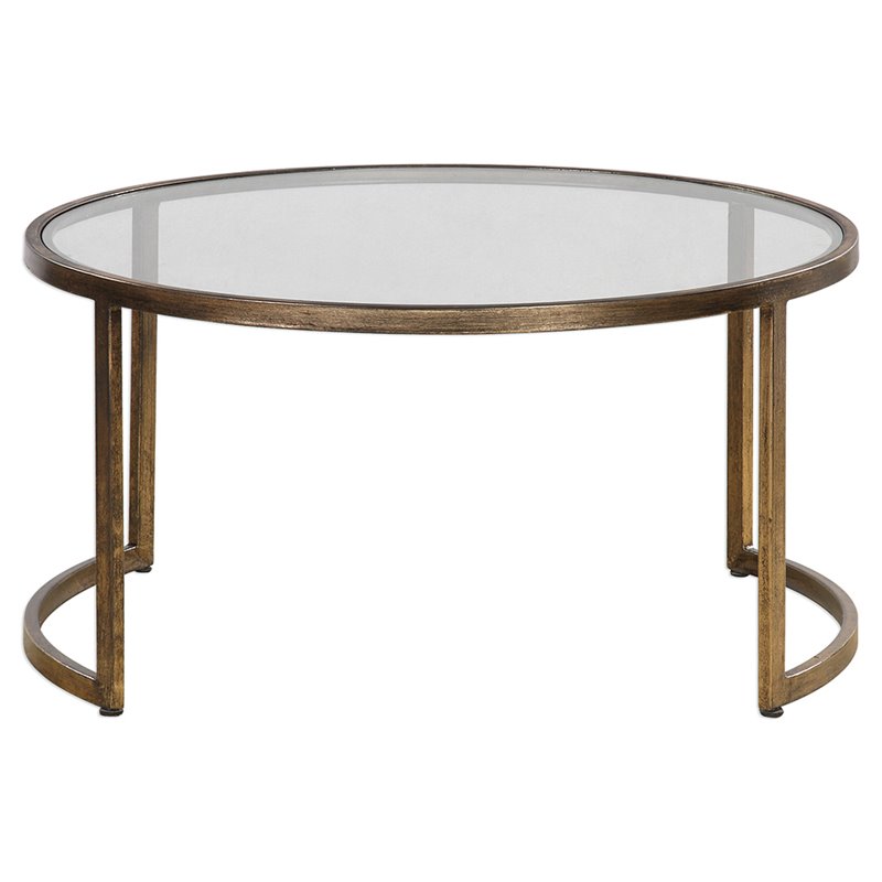 Bowery Hill Transitional 2 Piece Glass Top Nesting Coffee Table Set in Gold