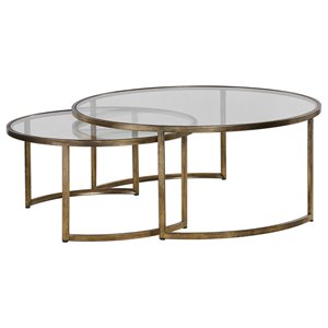 bowery hill transitional 2 piece glass top nesting coffee table set in gold
