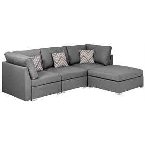 bowery hill contemporary gray linen fabric sofa with ottoman and pillows