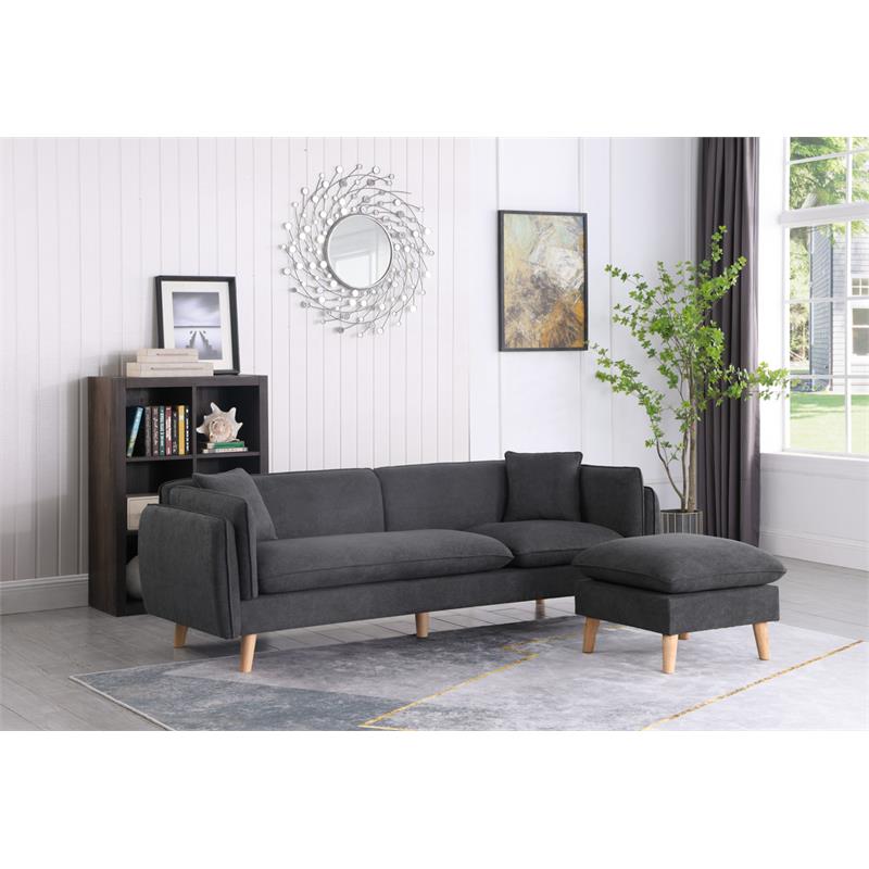 Bowery Hill Dark Gray Fabric Sectional Sofa Chaise Ottoman and 2 Pillows