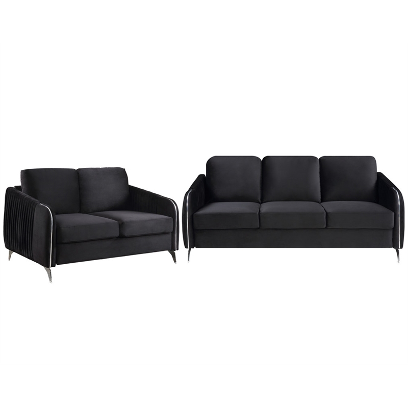 Bowery Hill Black Velvet Fabric Sofa Loveseat Living Room Set