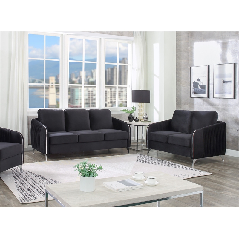Bowery Hill Black Velvet Fabric Sofa Loveseat Living Room Set