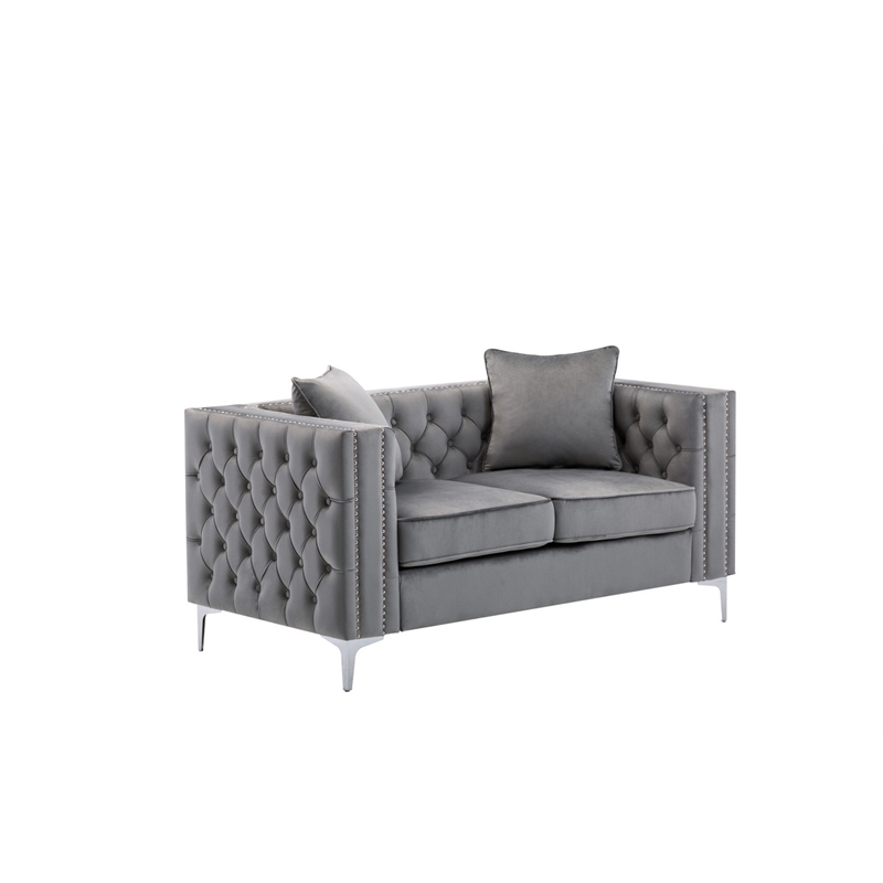 Bowery Hill Gray Velvet Fabric Sofa Loveseat Living Room Set