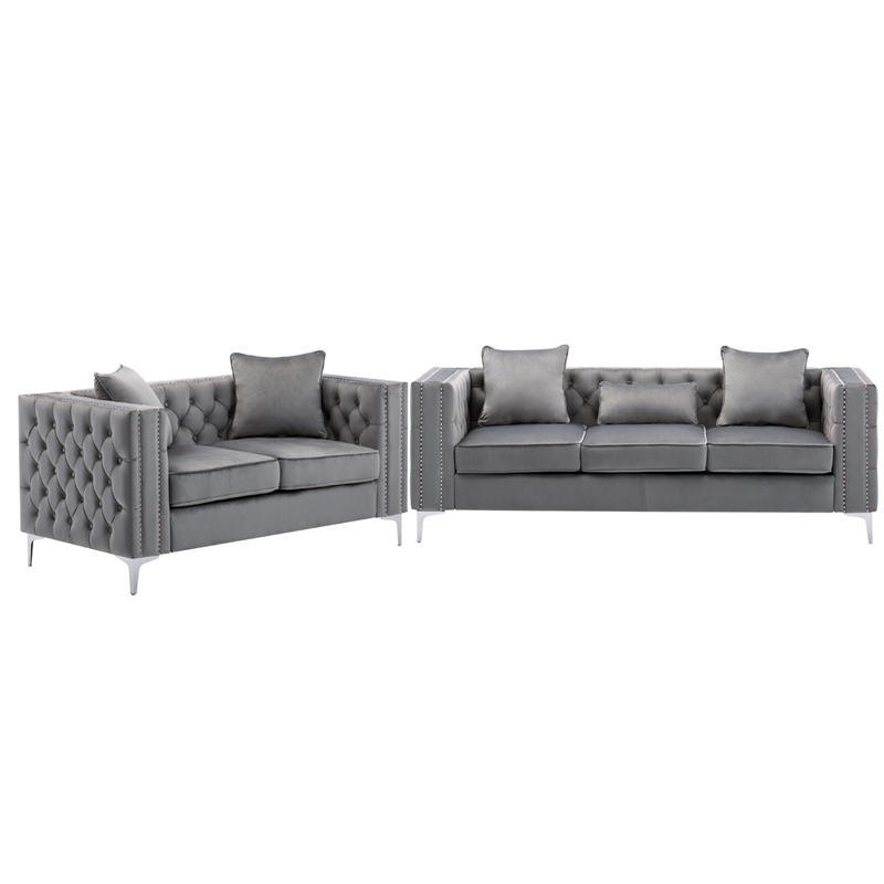 Bowery Hill Gray Velvet Fabric Sofa Loveseat Living Room Set