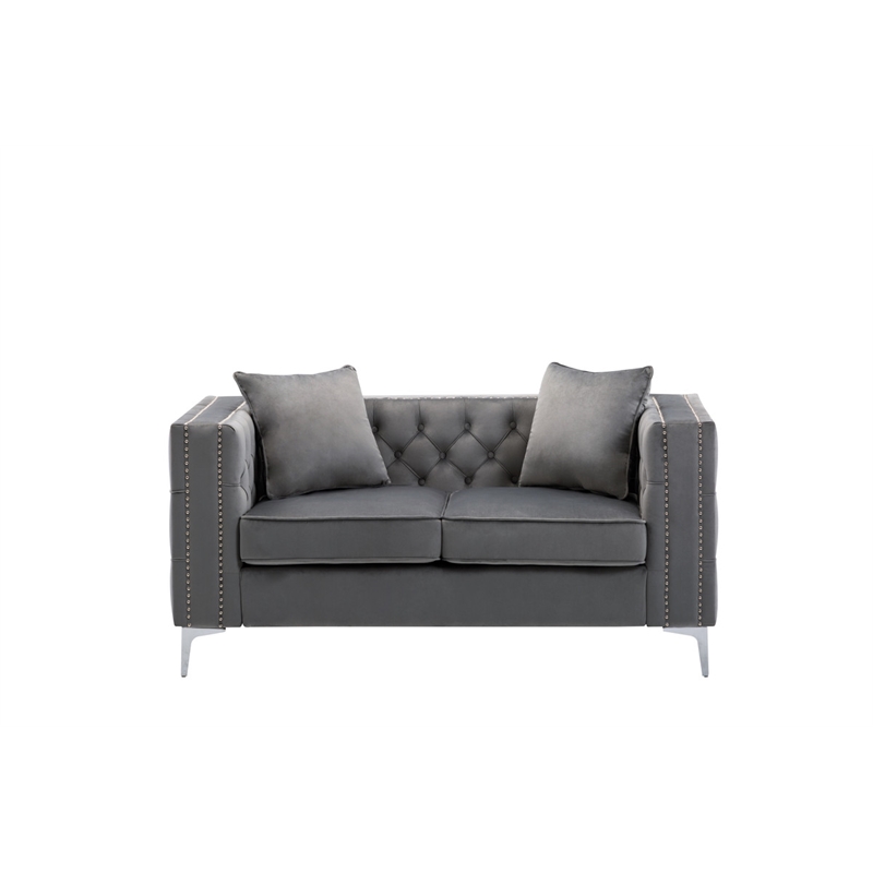 Bowery Hill Gray Velvet Fabric Sofa Loveseat Living Room Set