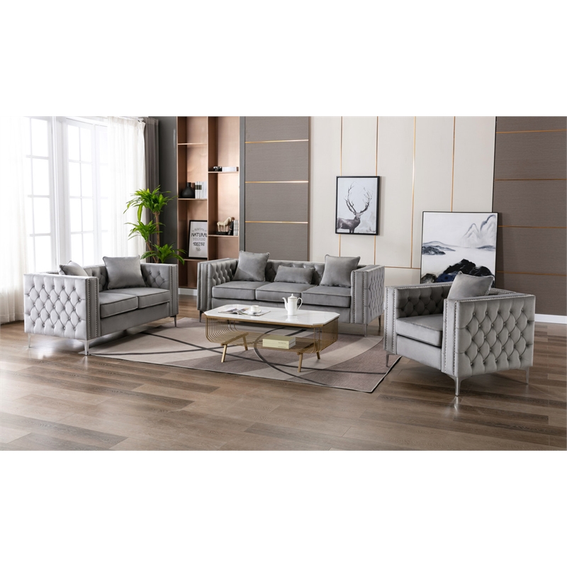 Bowery Hill Gray Velvet Fabric Sofa Loveseat Chair Living Room Set