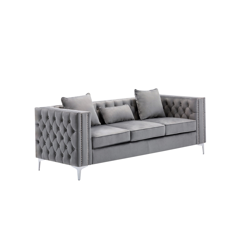 Bowery Hill Gray Velvet Fabric Sofa Loveseat Chair Living Room Set