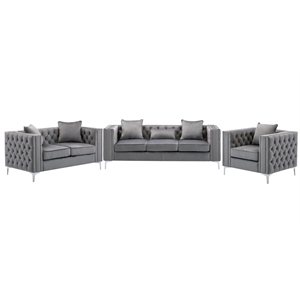 Bowery Hill Gray Velvet Fabric Sofa Loveseat Chair Living Room Set