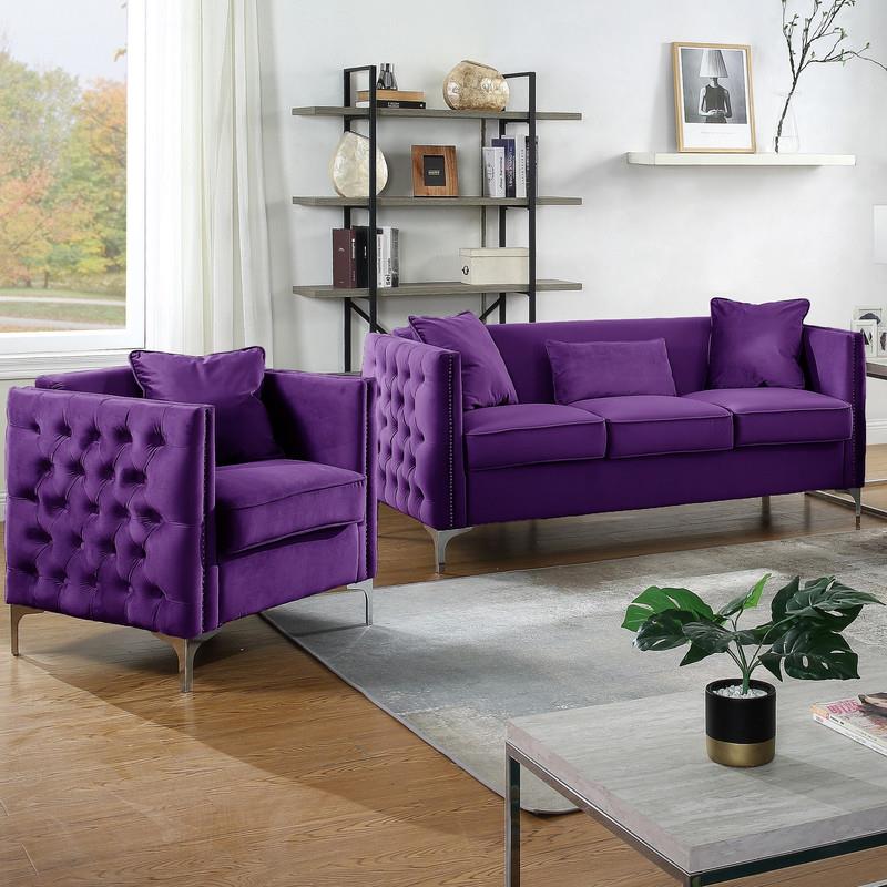 Bowery Hill Contemporary Purple Velvet Sofa Loveseat Living Room Set