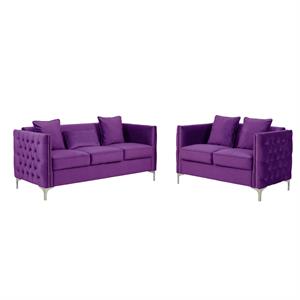 Bowery Hill Contemporary Purple Velvet Sofa Loveseat Living Room Set