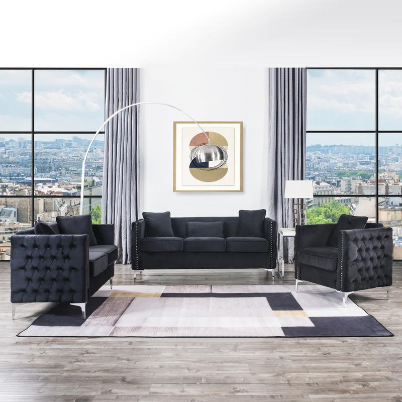 Bowery Hill Black Velvet Sofa Loveseat Chair Living Room Set