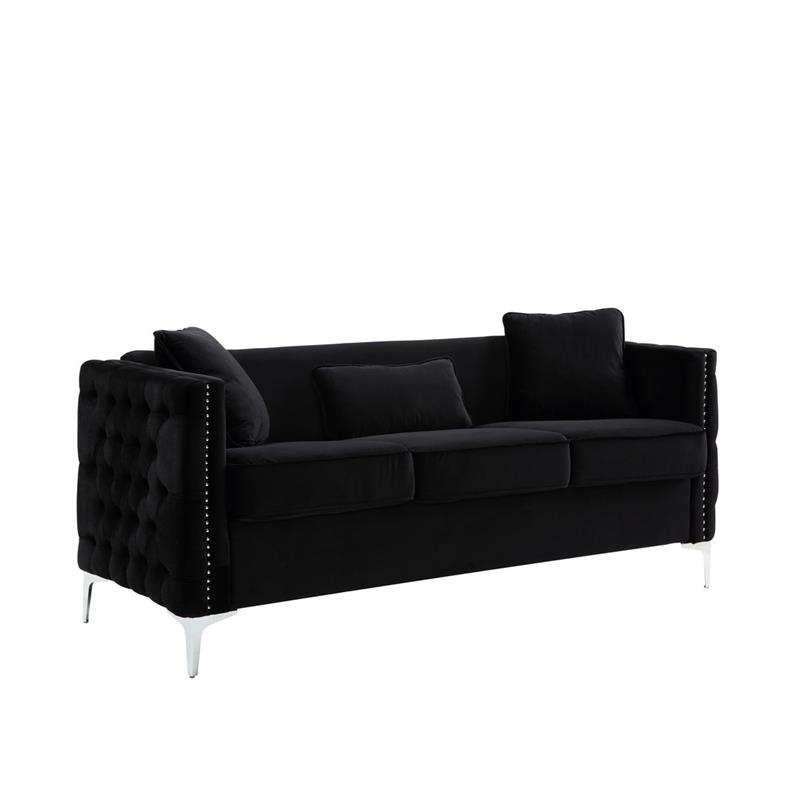 Bowery Hill Black Velvet Sofa Loveseat Chair Living Room Set