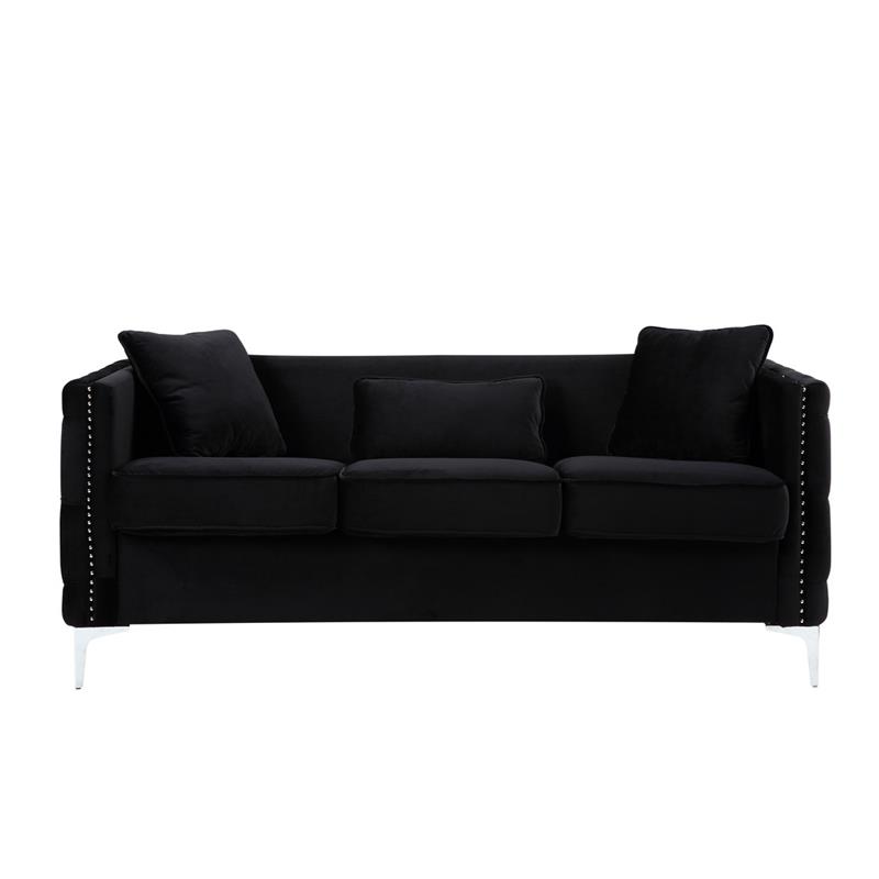 Bowery Hill Black Velvet Sofa Loveseat Chair Living Room Set